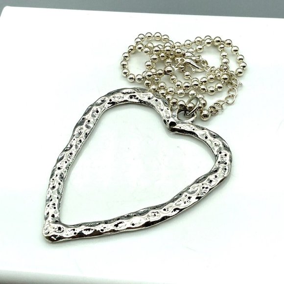 Hammered Heart Open Pendant Necklace, Big and Bold Silver Tone Bead Chain - Picture 2 of 4